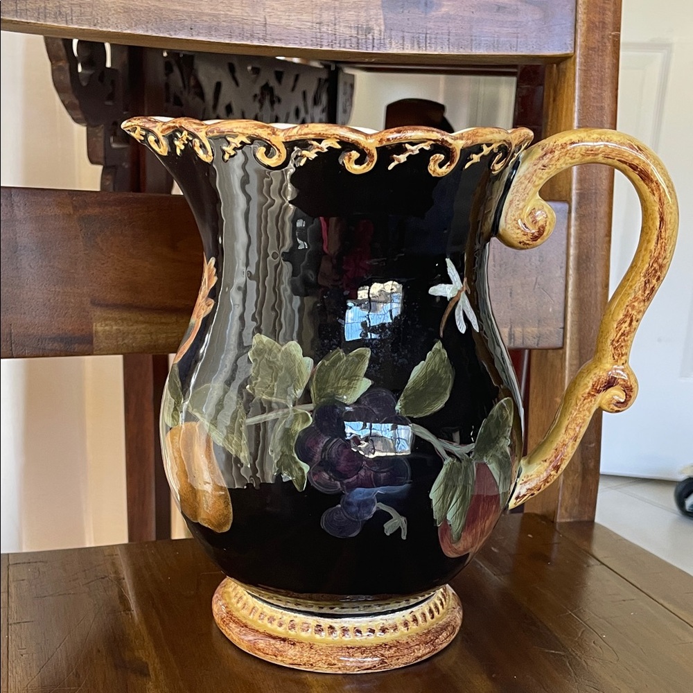 Raymond Waites Certified International Black and Gold Floral Pitcher